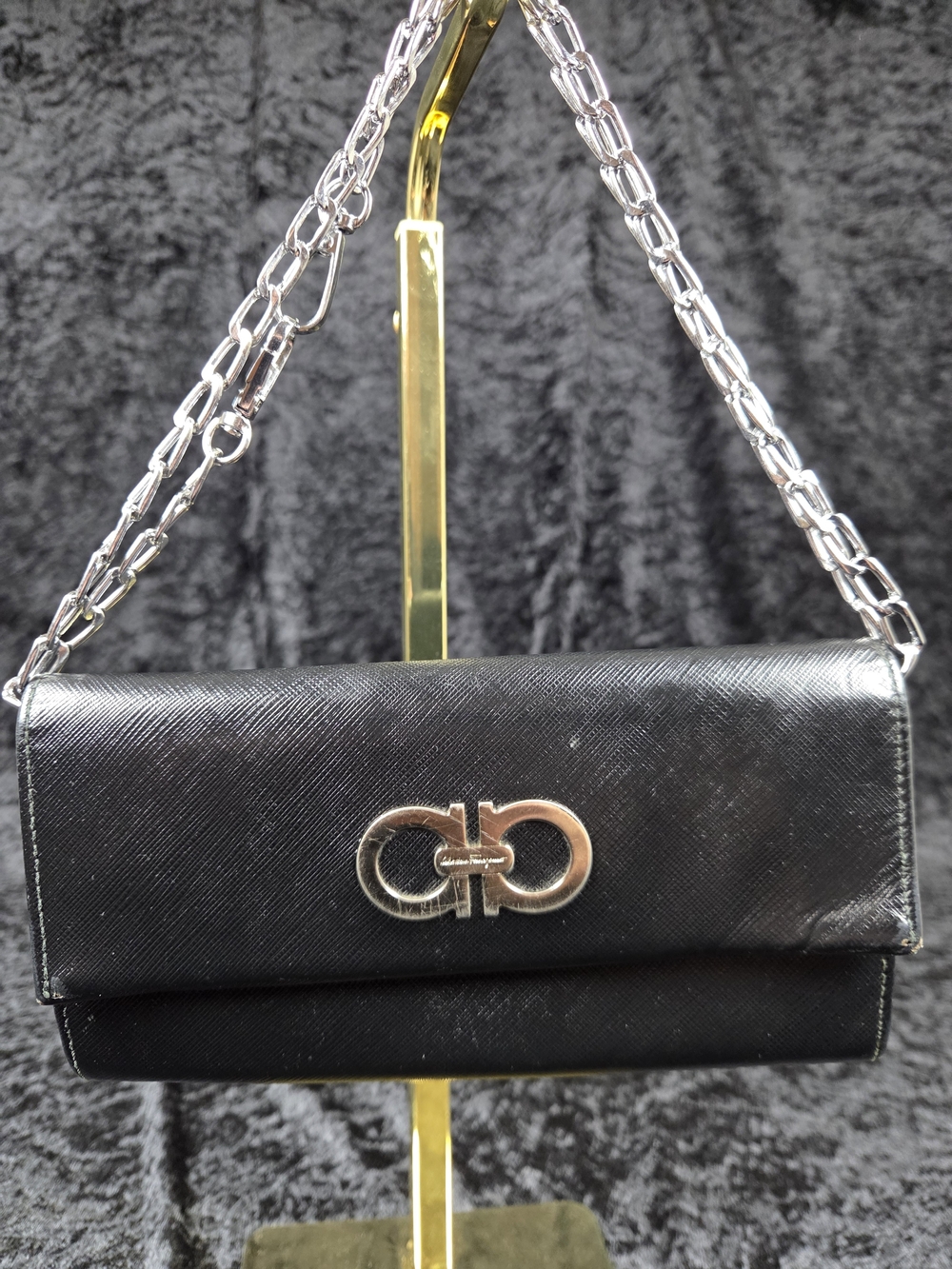 Authentic Salvatore Ferragamo Black Gancini Wallet on Chain Clutch Saffiano Leat